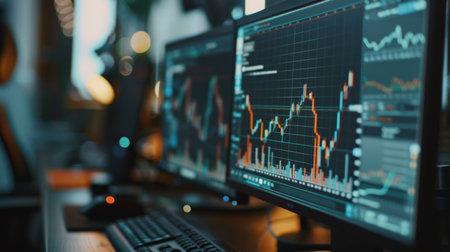 Close-up of a desktop monitor showing economic indicators and GDP growth graphs.の素材