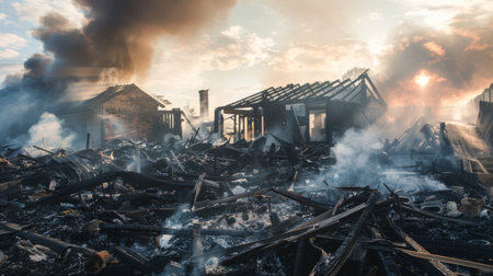 Charred remains of a building after a fire, with smoke still rising from the debris.の素材