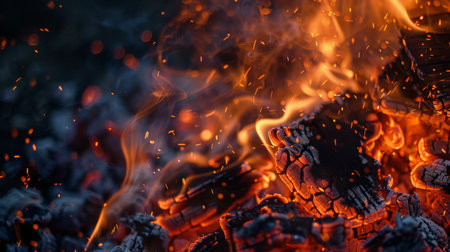 Close-up of embers glowing amid smoke in a bonfire during a nighttime outdoor eventの素材