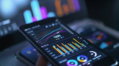 Close-up of a smartphone displaying a business analytics app with interactive graphs.の素材