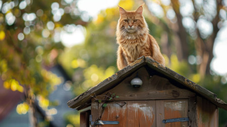 Cat sitting majestically on top of a cat house, surveying its kingdom.の素材