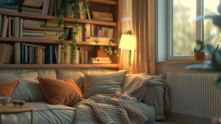 Close-up of a cozy corner in a living room, with a reading nook and soft cushions.の素材
