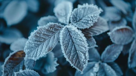 Close-up of frost-covered leaves, showcasing the beauty of winter details.の素材
