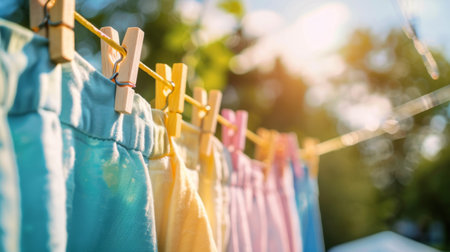 Close-up of laundry pegs holding freshly washed clothes on a sunny day.の素材