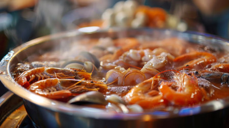 Close-up of assorted seafood cooking in a bubbling hot pot filled with flavorful broth.の素材