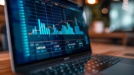 Close-up of a laptop screen displaying a business growth chart with upward trends.の素材