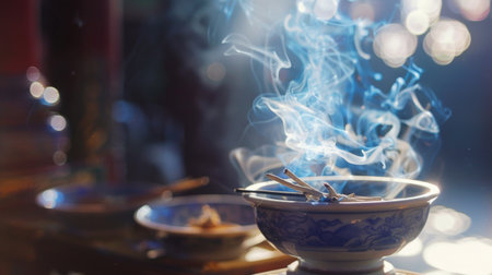 A close-up of incense burning with aromatic smoke wafting in soft light.の素材