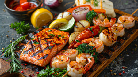 A seafood platter with grilled salmon fillet, scallops, shrimp skewers, and grilled vegetables.の素材