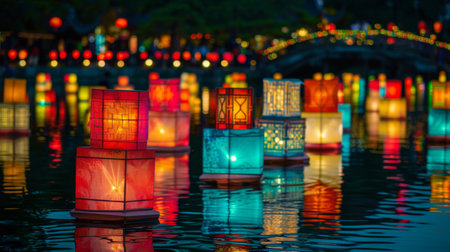 A lantern festival with colorful paper lanterns floating on a lake, reflecting their vibrant hues in the water.の素材