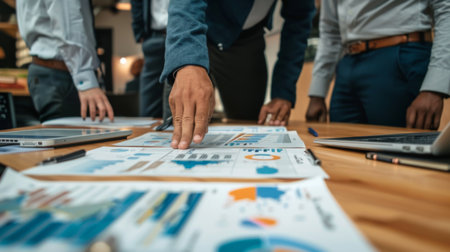 A group of entrepreneurs discussing strategies while looking at business graphs.の素材