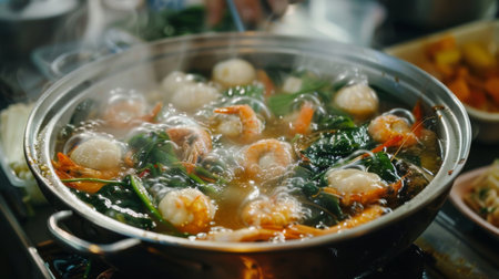 A seafood hot pot with a variety of fish balls, shrimp, squid, and vegetables simmering in a flavorful broth.の素材