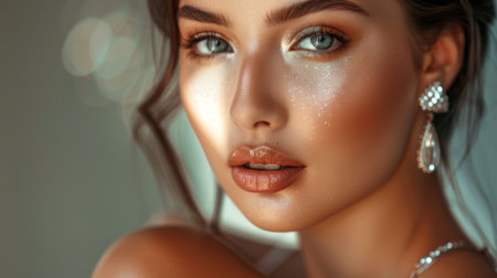 A woman with flawless skin and elegant jewelry, posing for a close-up portrait.の素材