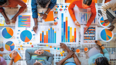 A team in a brainstorming session with business graphs spread out on a table.の素材