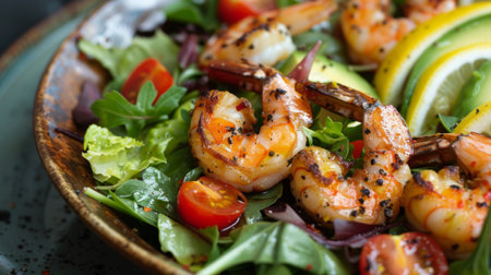 A seafood salad with mixed greens, grilled prawns, avocado slices, cherry tomatoes, and lemon vinaigrette.の素材