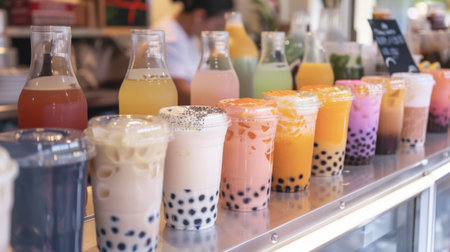A set of different flavored bubble milk teas lined up on a counter for customers to choose from.の素材