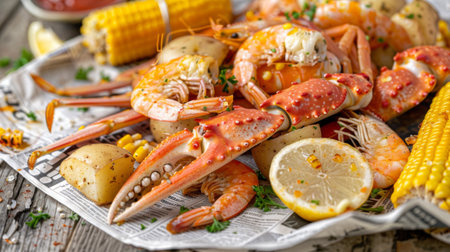 A seafood boil with crab legs, shrimp, corn on the cob, and potatoes, served on a newspaper-lined table.の素材