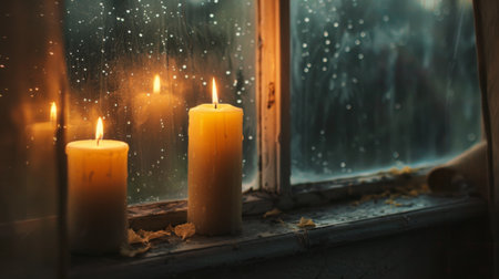 Candles placed on a windowsill, casting a soft light through the glass.の素材