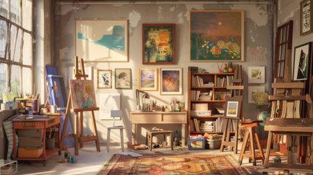 Artist's bedroom with a studio setup, easels, canvases, and art supplies neatly organized.の素材