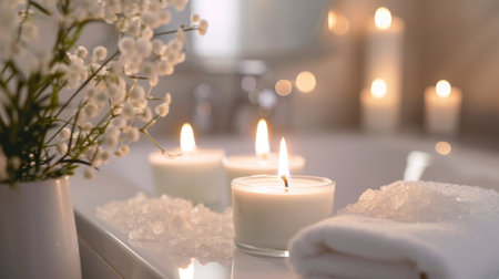 Scented candles in a bathroom, adding a touch of luxury to a relaxing bath.の素材