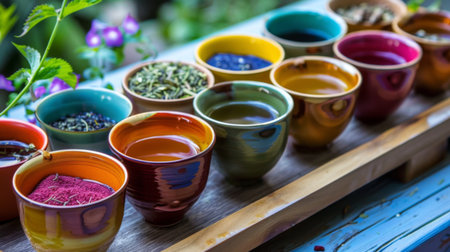 A variety of herbal teas in colorful cups, displayed on a wooden tray.の素材