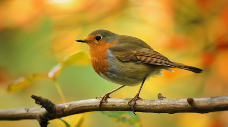 A robin perched on a branch, wings slightly spread as it prepares for flight.の素材