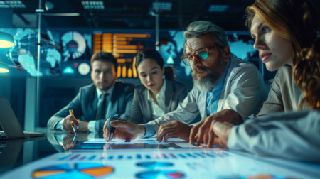 A team of business professionals analyzing business graphs and charts during a meeting.の素材