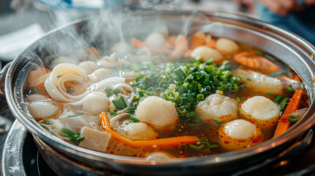 A seafood hot pot with a variety of fish balls, shrimp, squid, and vegetables simmering in a flavorful broth.の素材