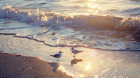 A serene beach scene with the last rays of sunlight illuminating seagulls and gentle waves rolling ashore.の素材