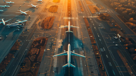 Aerial view of an airport runway with planes taking off and landing, symbolizing global connectivity.の素材