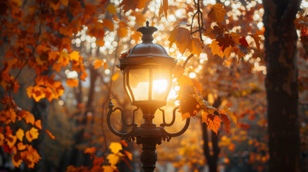 A vintage street lamp against a backdrop of colorful autumn leaves in a park, during golden hour.の素材