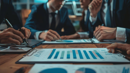 A team of business professionals analyzing business graphs and charts during a meeting.の素材