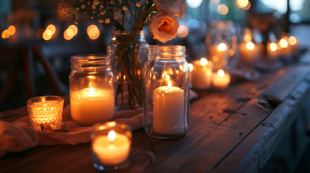 A rustic setting with candles placed inside mason jars, creating a vintage look.の素材