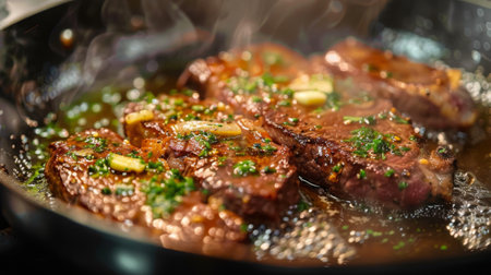 A skillet with a sizzling strip steak cooking in butter with garlic and herbs, ready to serve.の素材