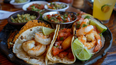 A seafood taco platter with fish, shrimp, and scallops, served with salsa, guacamole, and lime wedges.の素材