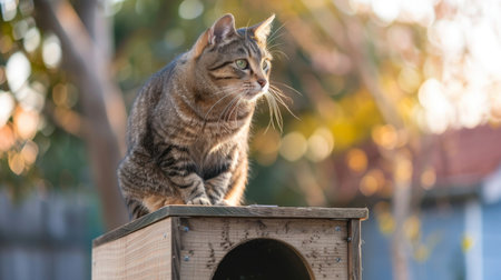 Cat sitting majestically on top of a cat house, surveying its kingdom.の素材