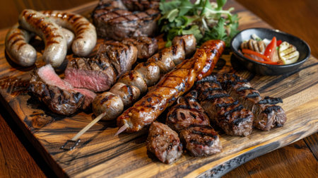 A wooden platter with assorted grilled meats including steak, sausages, and chicken skewers.の素材