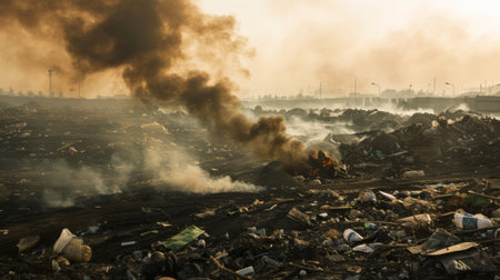 Thick smoke rising from a burning pile of garbage, highlighting environmental issues.の素材