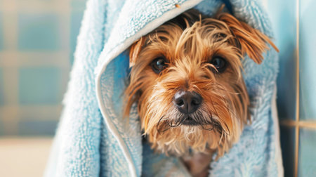 Adorable dog wrapped in a towel after a bath, looking fresh and clean.の素材