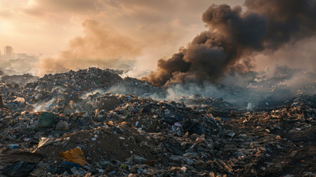Thick smoke rising from a burning pile of garbage, highlighting environmental issues.の素材