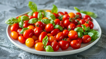 Cherry tomatoes arranged on a white plate with basil leaves, creating a colorful appetizer.の素材