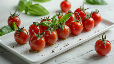 Cherry tomatoes arranged on a white plate with basil leaves, creating a colorful appetizer.の素材
