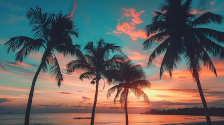 Silhouettes of palm trees against a stunning sunset sky at a tropical beach, creating a peaceful and serene atmosphere.の素材