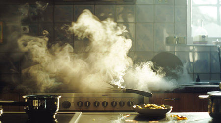Thick smoke filling the air in a kitchen, caused by food burning on a stovetop.の素材