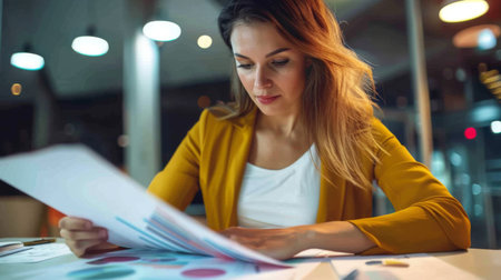 Businesswoman reviewing annual budget projections and financial graphs in an office.の素材