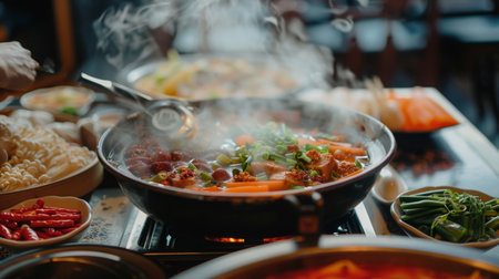 Asian hot pot restaurant setting with a table spread of ingredients and steaming hot pot.の素材
