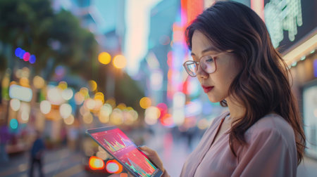 Businesswoman checking stock market indices and graphs on a digital tablet outdoors.の素材