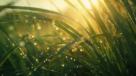 Close-up of dewy grass blades early in the morning, with sunlight filtering through.の素材