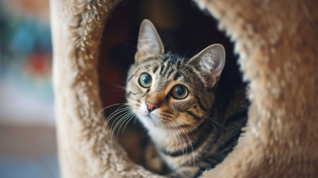 Adorable cat peeking out from a cozy cat house, looking curious and playful.の素材