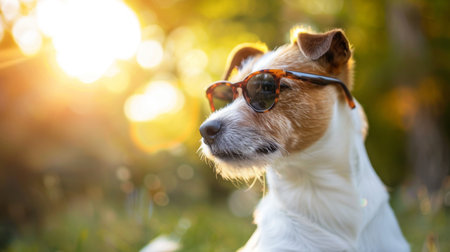 Adorable dog wearing sunglasses, enjoying a sunny day outdoors with a cool and relaxed vibe.の素材