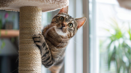 Cat climbing up a tall cat tree, exploring its different levels and perches. aの素材